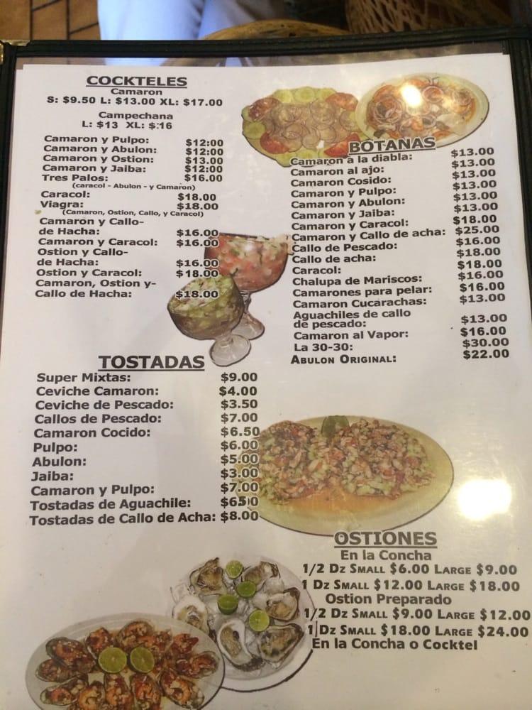 Menu at Mariscos El Ostion restaurant, Pomona