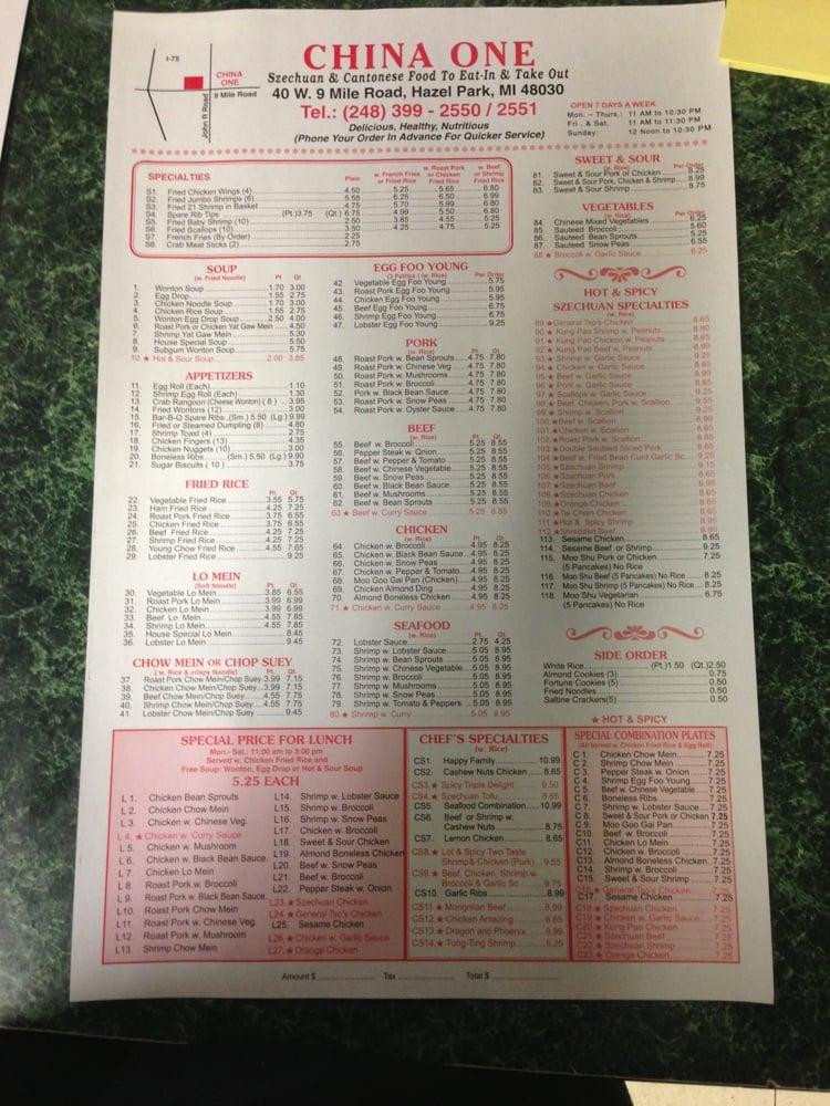 Menu at China One Chinese Restaurant, Hazel Park, 40 W 9 Mile Rd