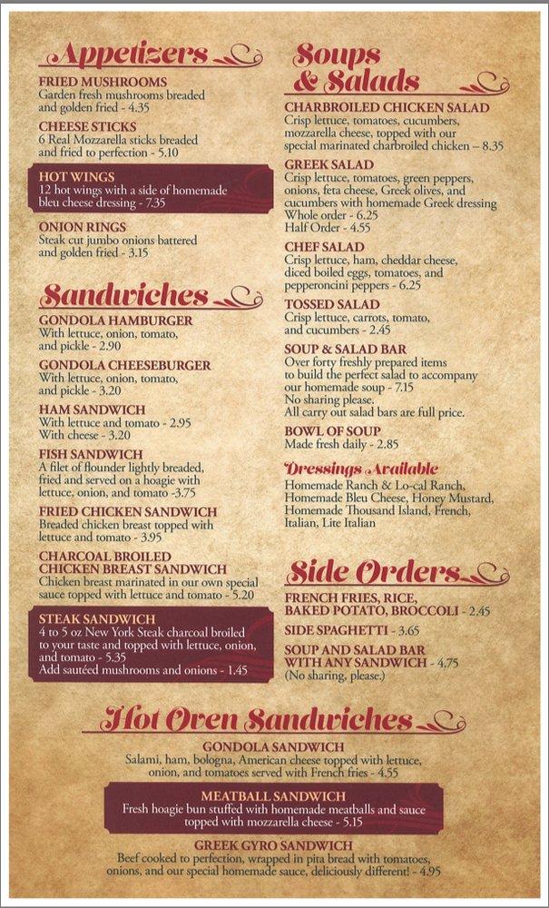 Menu at Gondola Pizza & Steak House pizzeria, Crossville