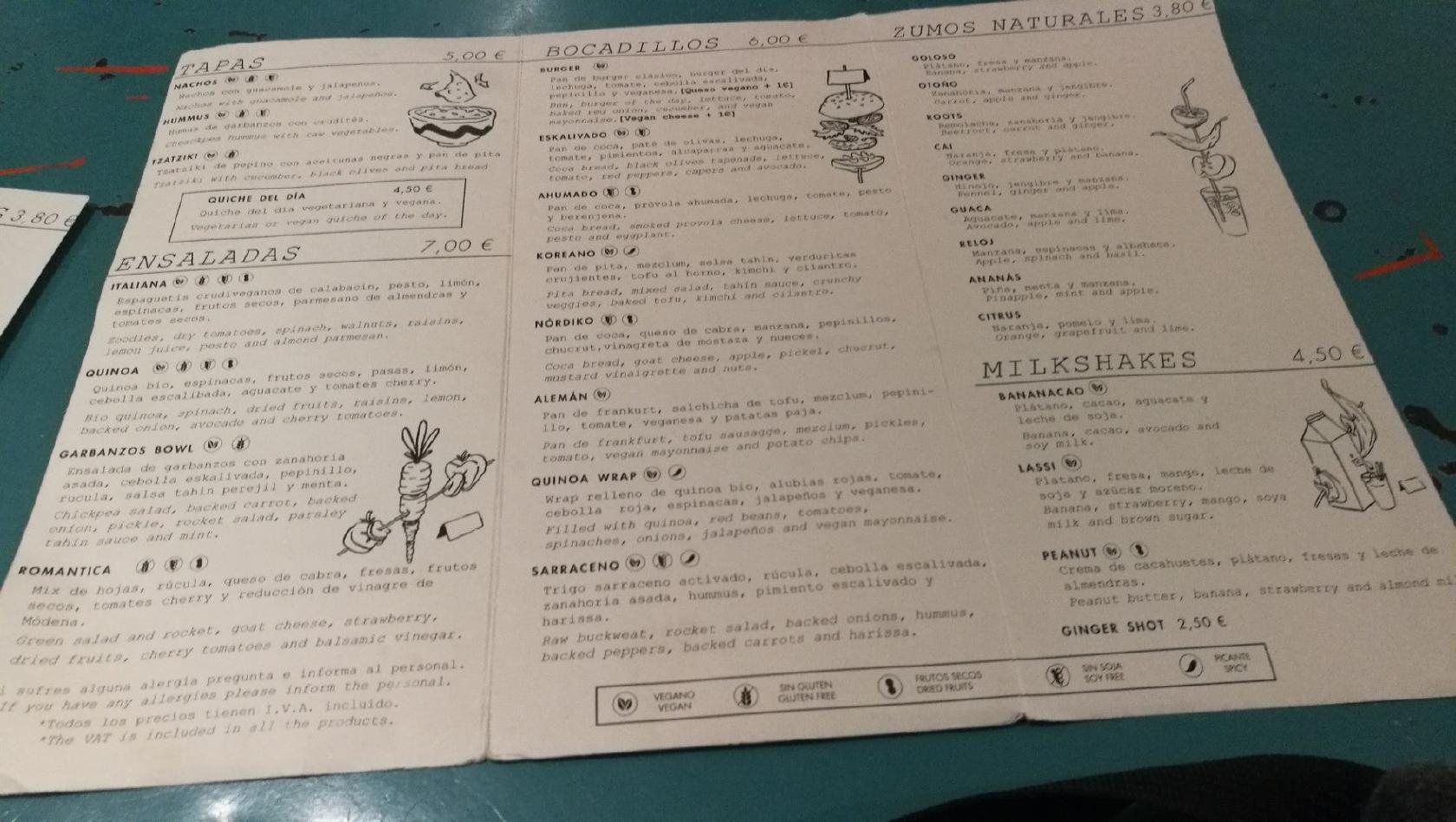 Menu at Quinoa Bar Vegetarià, Barcelona