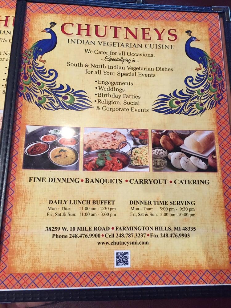 Menu at Chutneys Indian Vegetarian Cuisine restaurant, Farmington, W 10