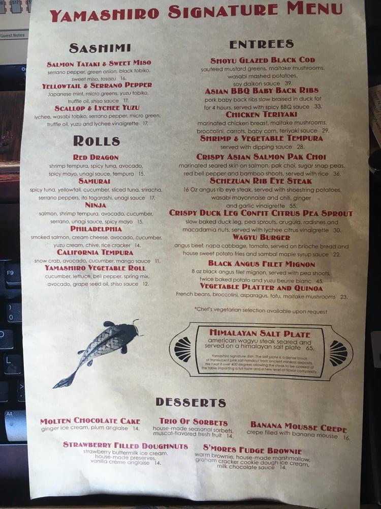 Menu at Yamashiro Hollywood restaurant, Los Angeles