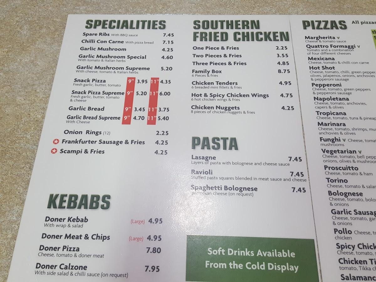 Menu at Dario's fast food, Knottingley