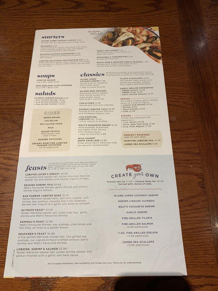 Menu at Red Lobster restaurant, Toronto, The Queensway