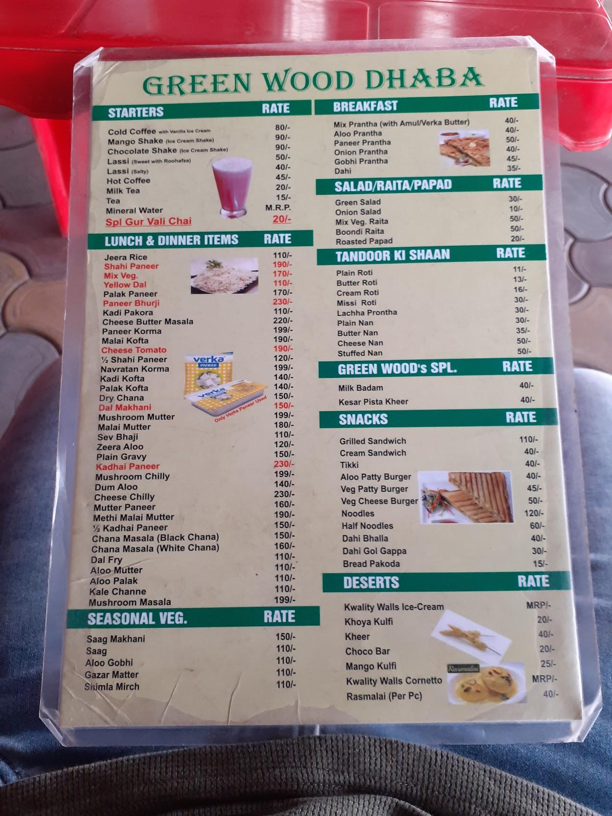 Menu at Green Wood Dhaba, Pohir, SH11