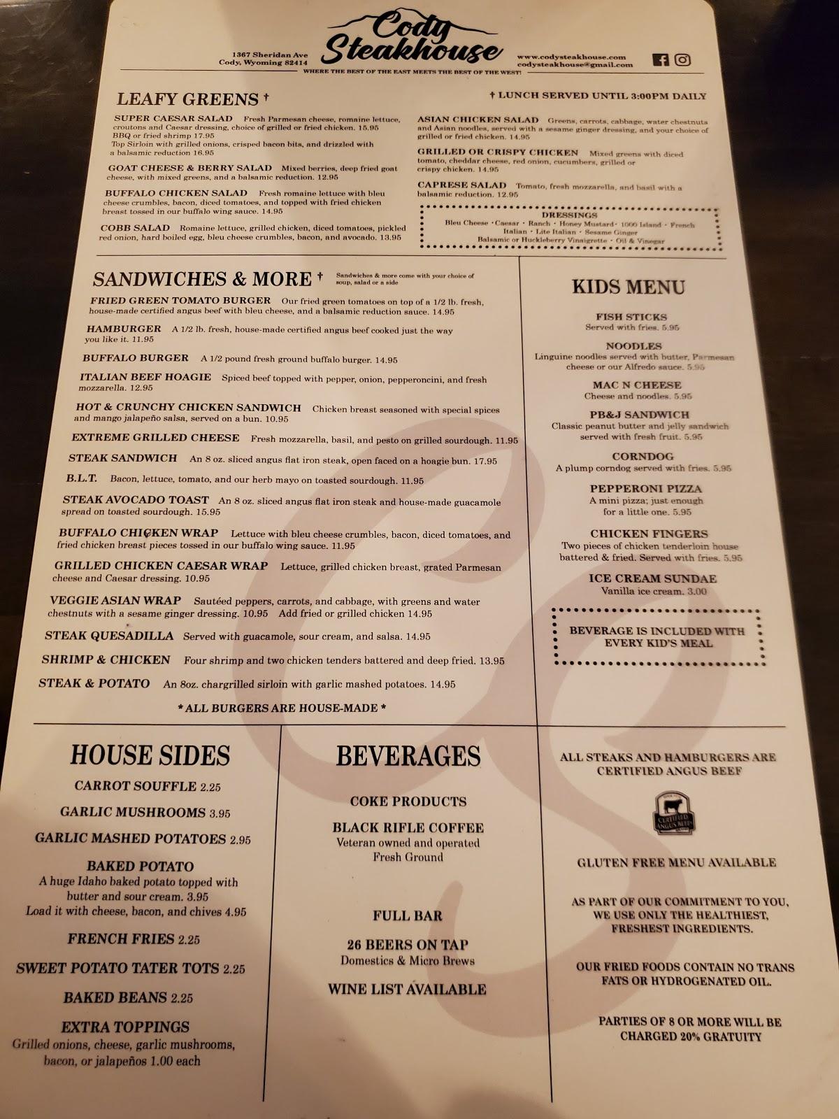 Menu at Cody Steakhouse, Cody