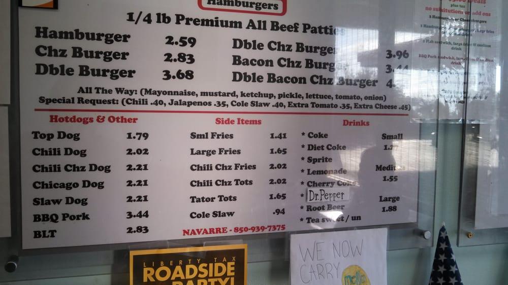 Menu at Tops Burgers restaurant, Navarre