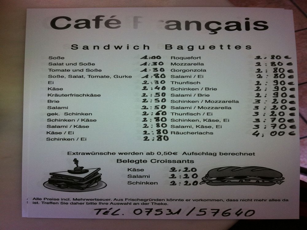 Menu au Café Français, Constance