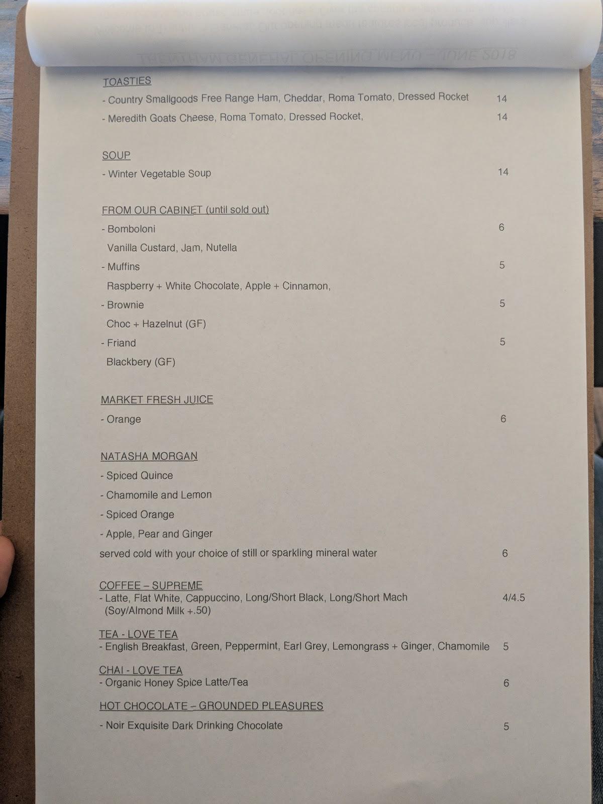 Menu at Trentham General cafe, Trentham