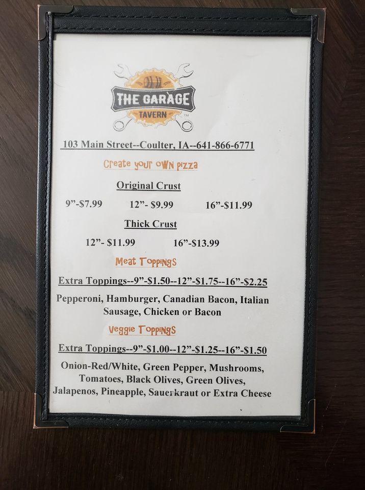 Menu at The Garage Tavern BBQ, Coulter