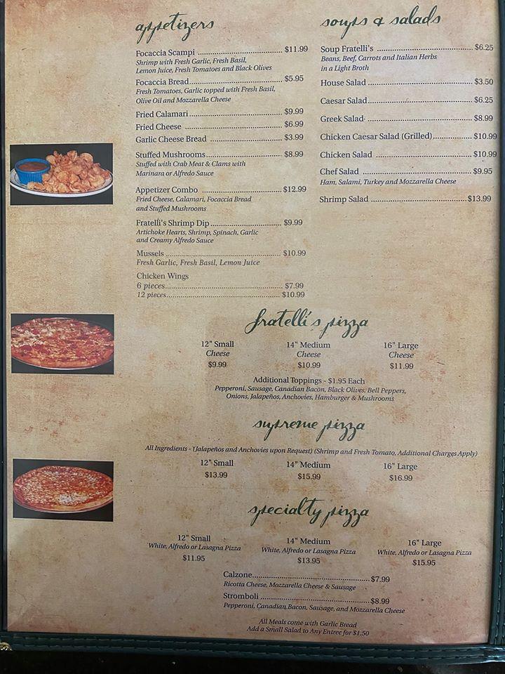 Menu at Fratelli's Italian Grill restaurant, Baton Rouge, Wax Rd y