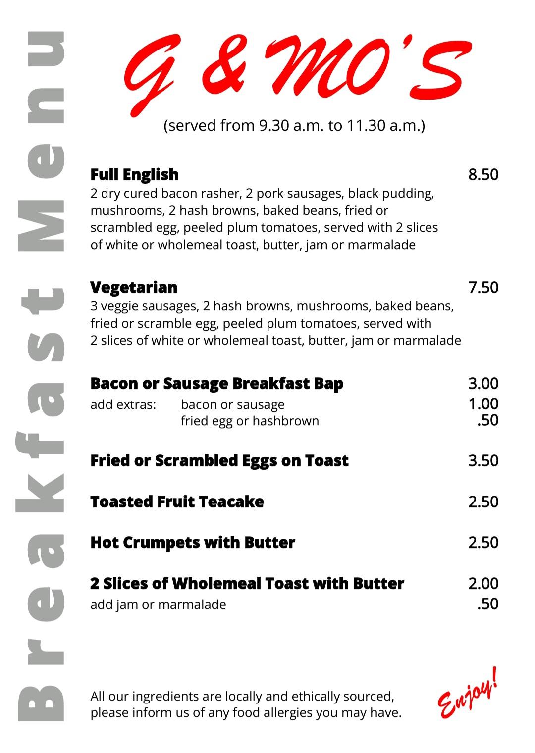 Menu at G & Mo's cafe, Bentham