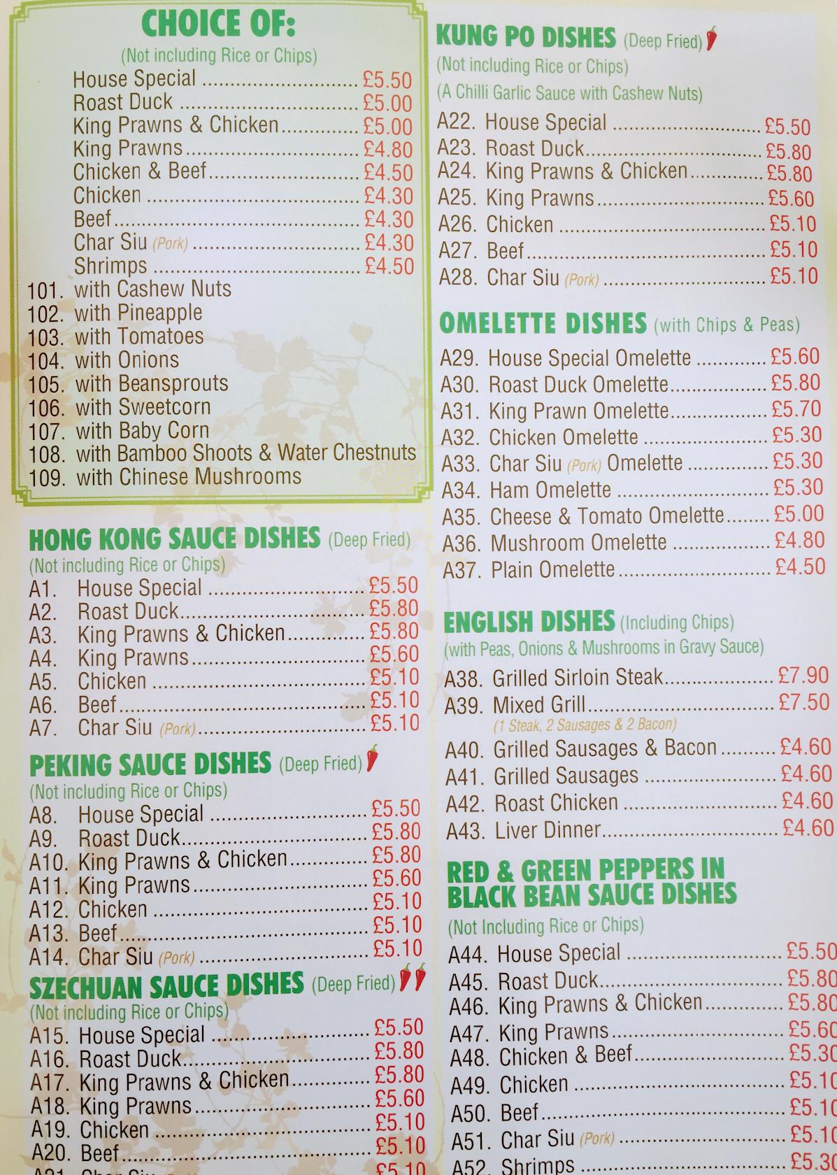 Menu at China Dragon, Darlington