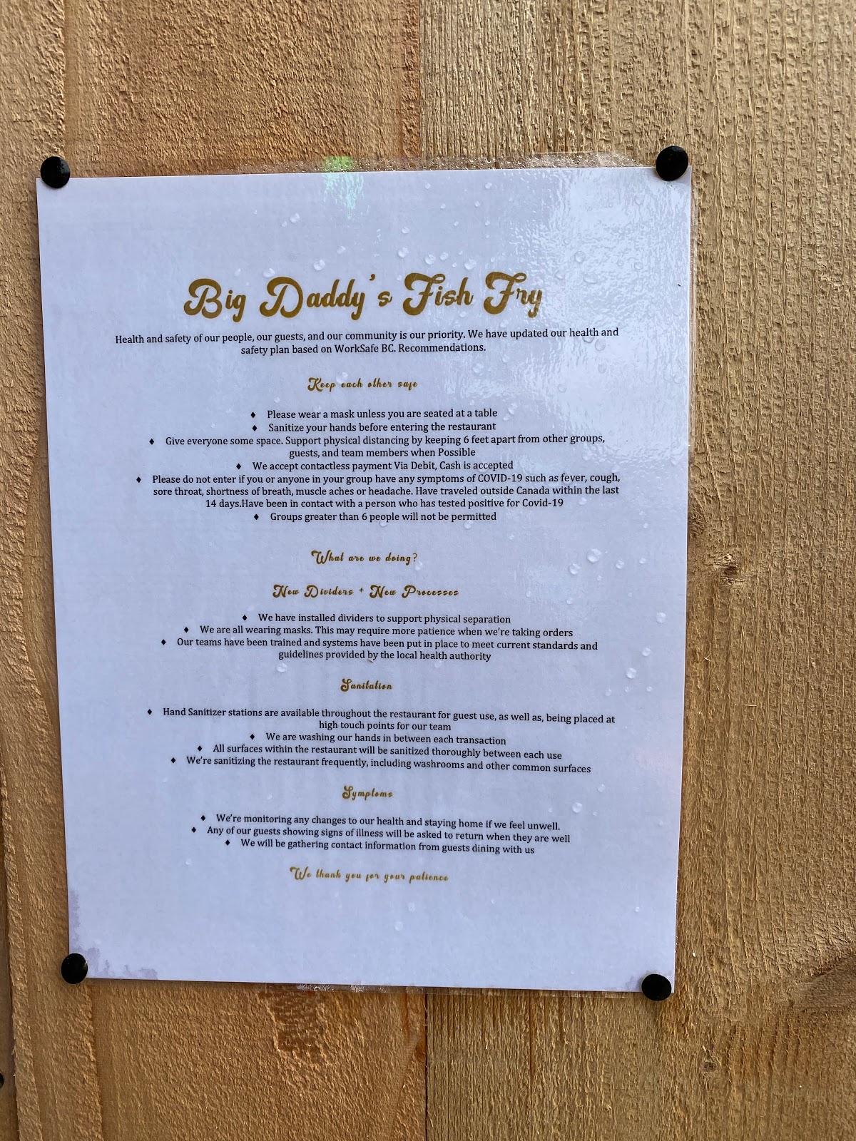 Menu at Big Daddy's Fish Fry fast food, Tofino