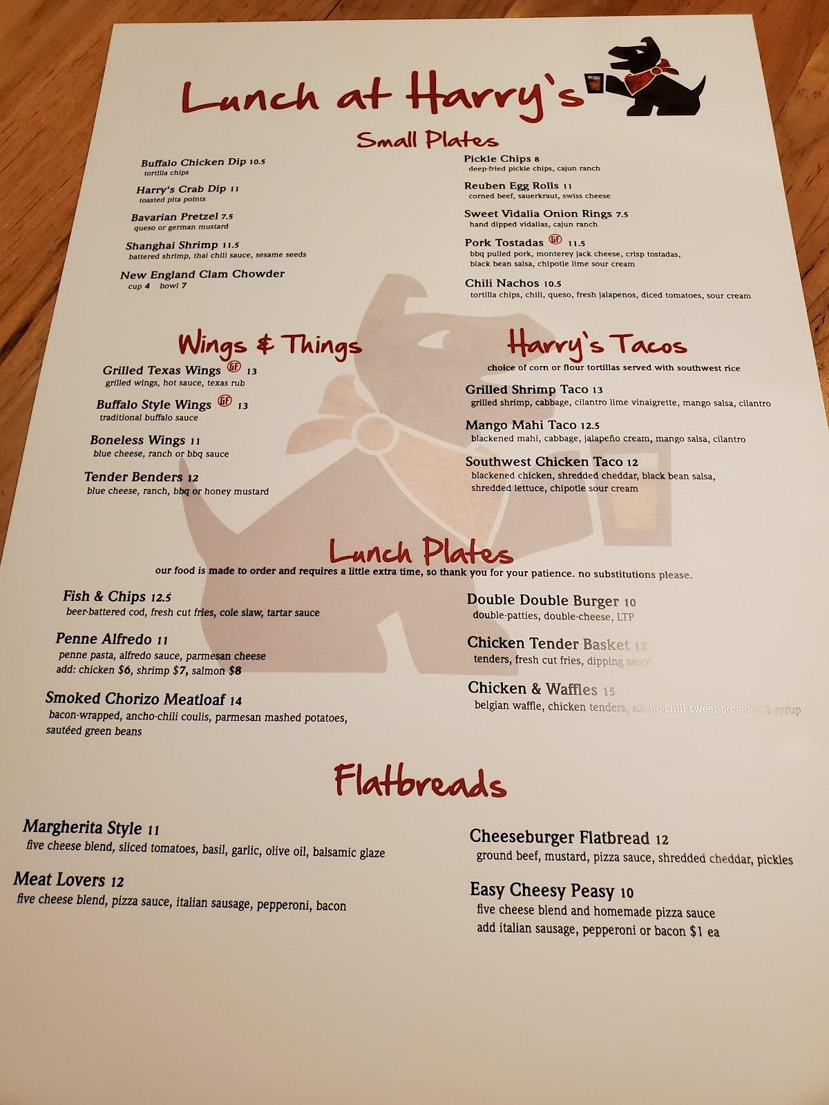 Menu at Harry's Alehouse restaurant, Fredericksburg