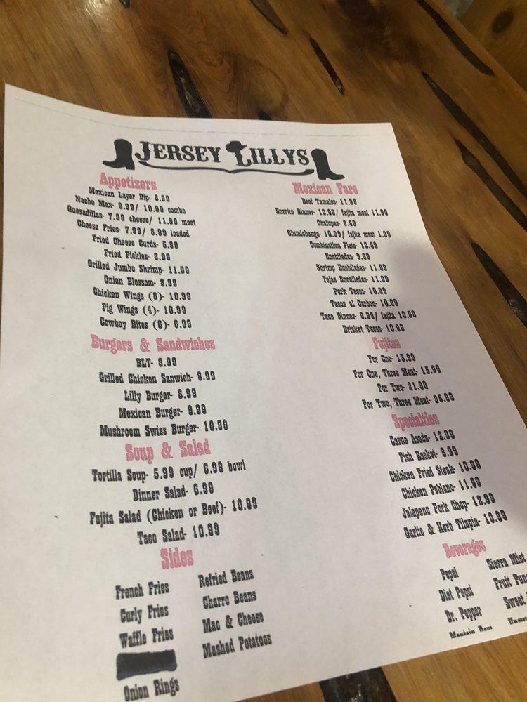Carta de Jersey Lilly's Mexican Restaurant, Hico