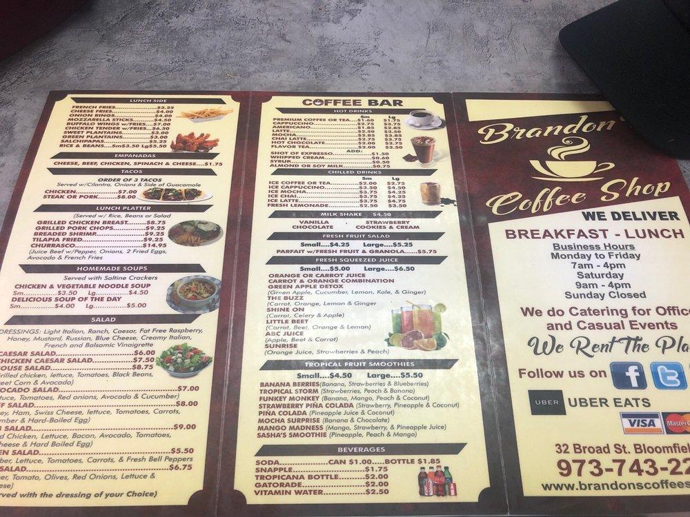 Menu at Brandon's coffee shop cafe, Bloomfield