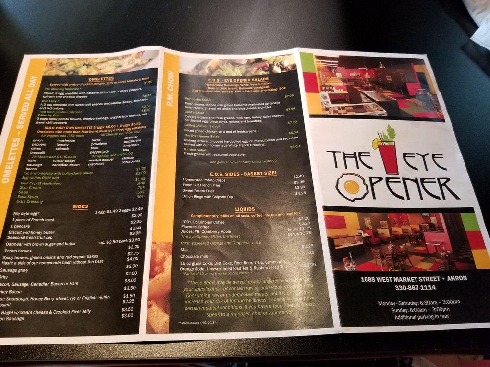 Menu at Eye Opener restaurant, Akron