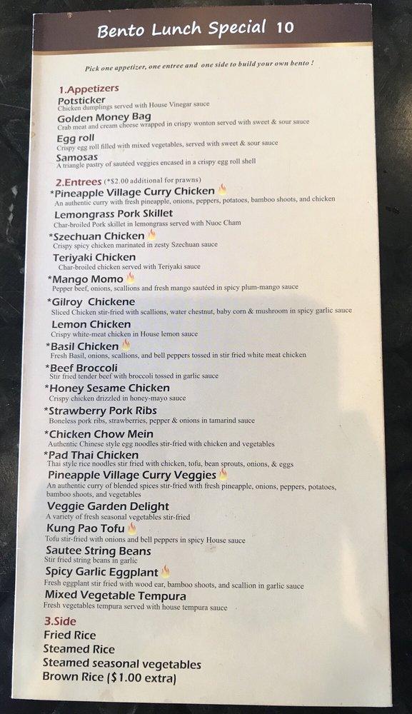 Menu at Pineapple Village restaurant, Gilroy