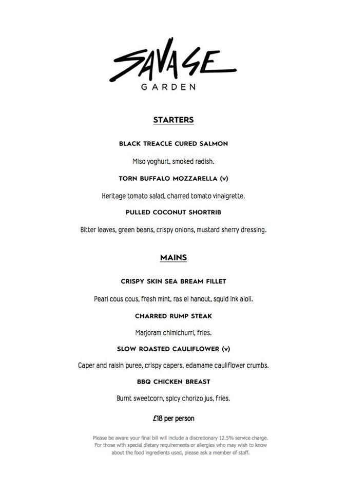 Menu at Savage Garden Rooftop Bar (Saturday Brunch from 12pm 3pm