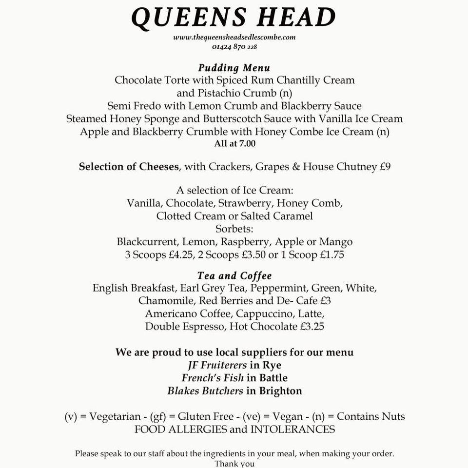 Menu at The Queens Head pub & bar, Sedlescombe