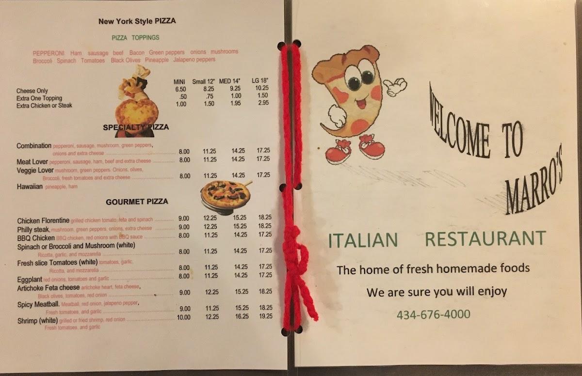 Menu at Marro's Italian Restaurant, Kenbridge