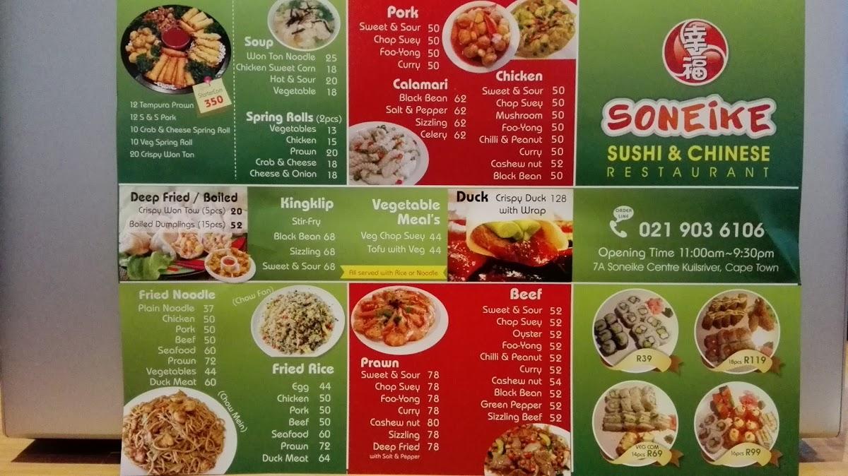 Menu at Soneike Sushi & Chinese Restaurant, Cape Town