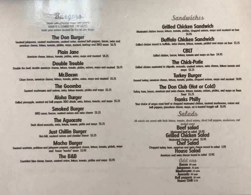 Menu at Don Burger restaurant, Garland