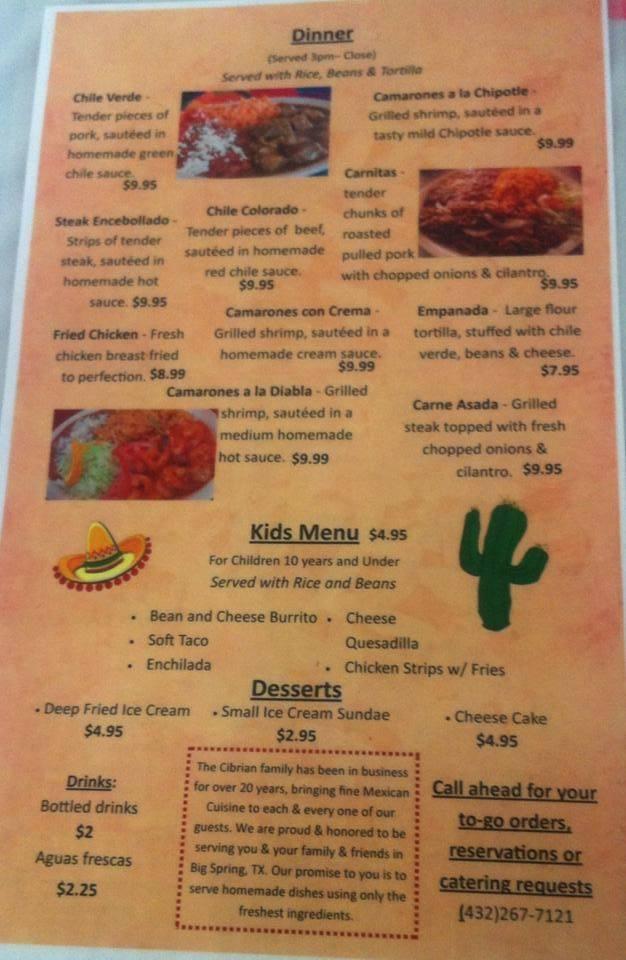 Menu at Evita's Fine Mexican Cuisine restaurant, Big Spring