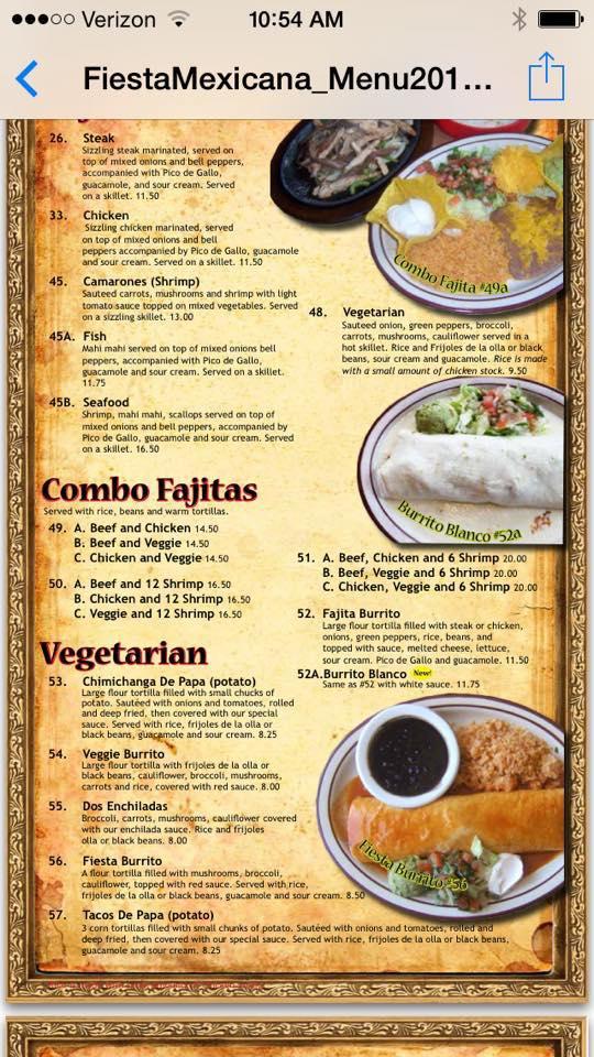 Menu at Fiesta Mexicana restaurant, Red Wing