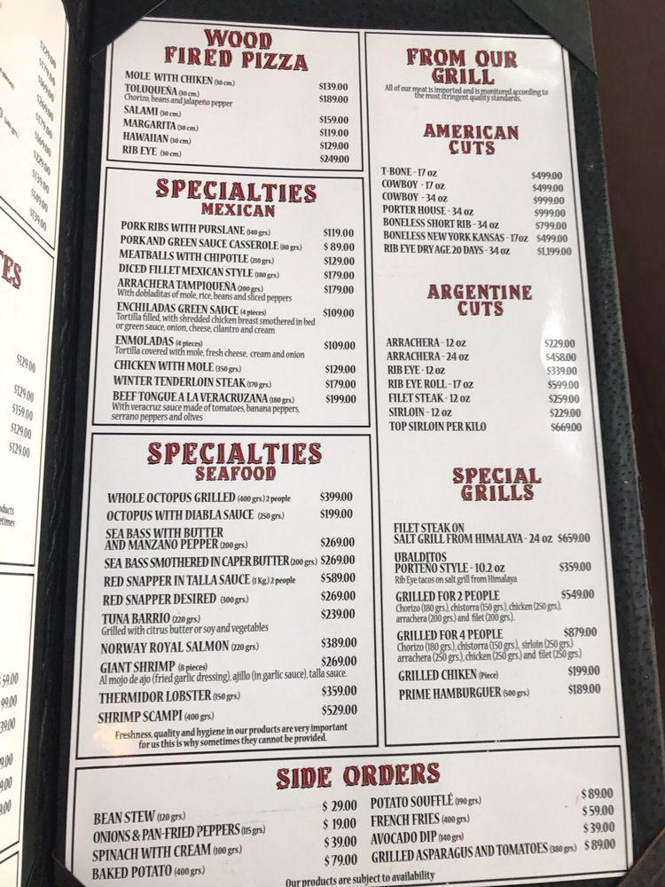 Menu at Barrio Porteño, Toluca