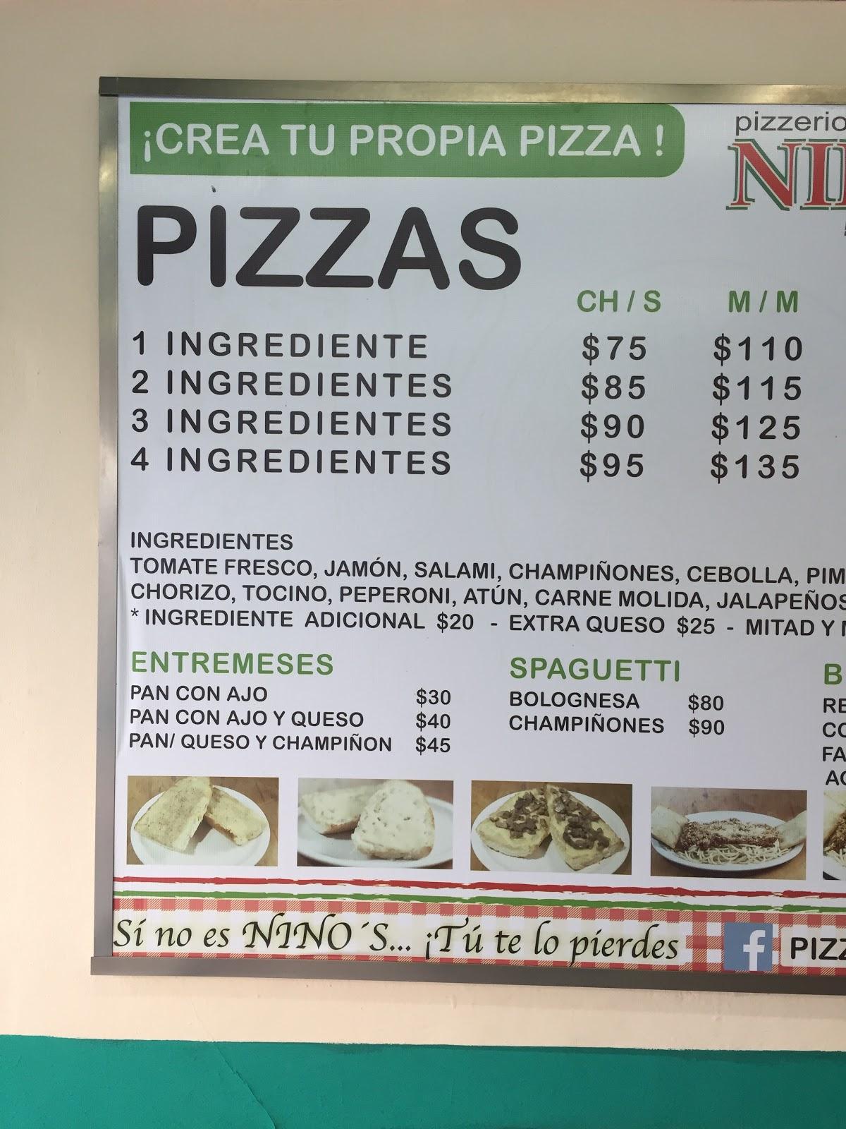 Menu at Nino's Pizza restaurant, Playa del Carmen, Misión de La Abadesa ...