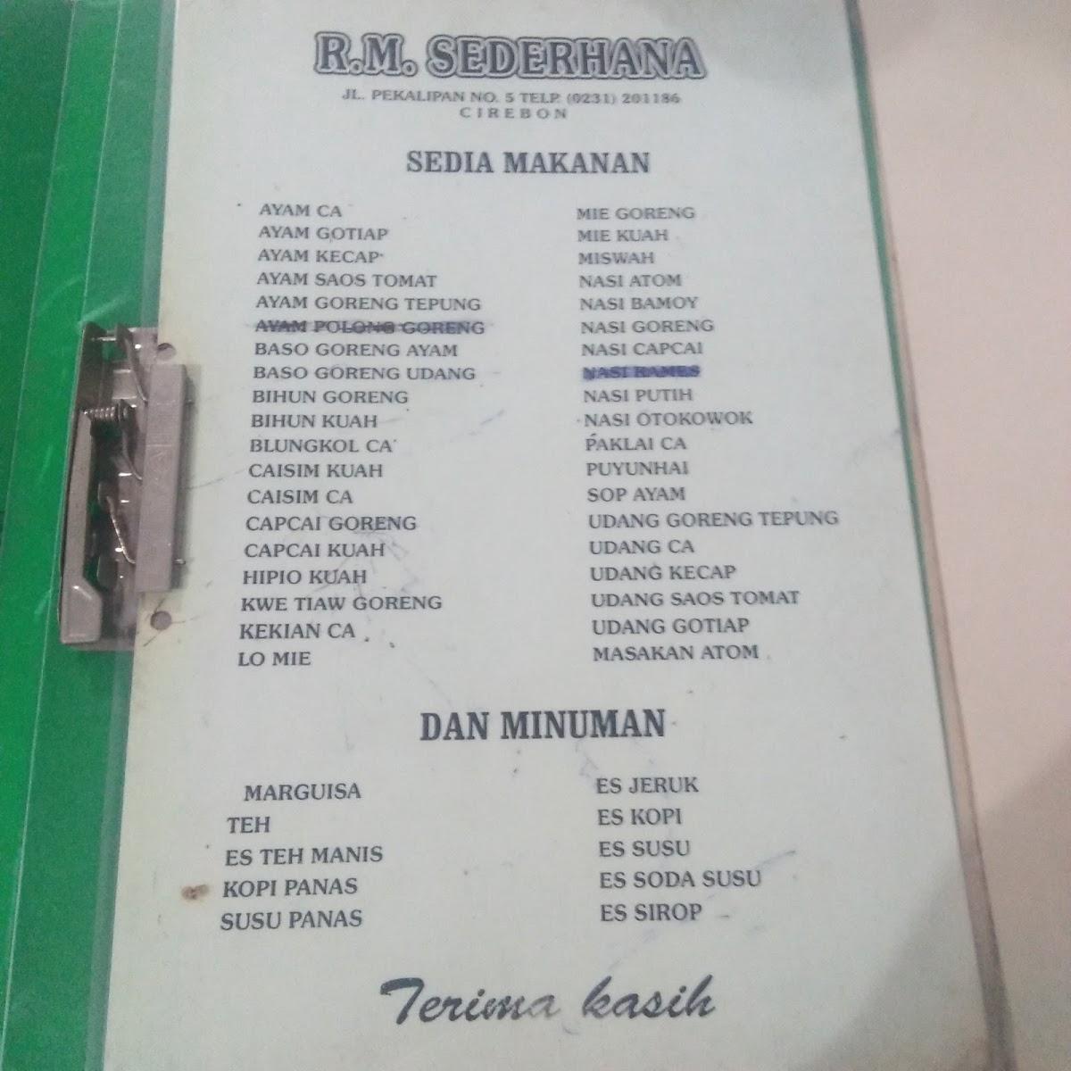 Menu at RM Sederhana Chinese Food restaurant, Cirebon