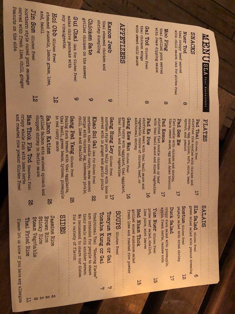 Menu at SLA thai restaurant, Montclair