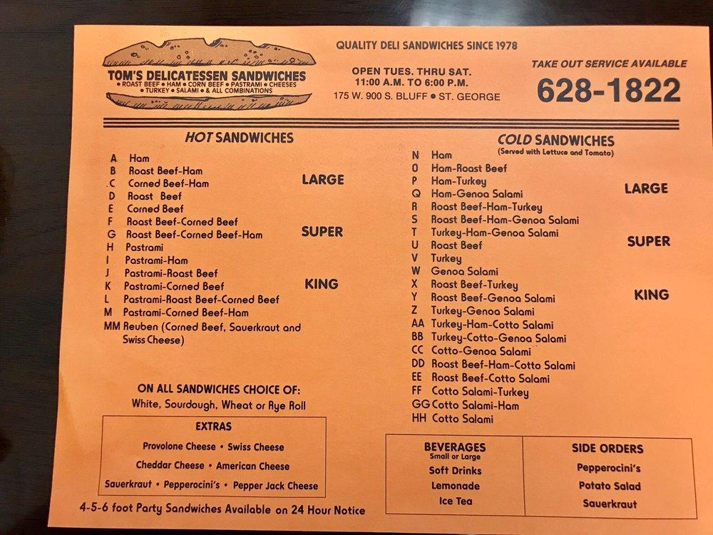Menu at Tom's Deli Sandwiches restaurant, St.