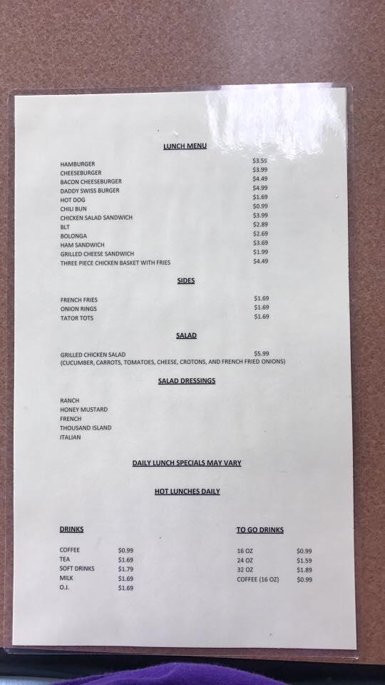 Menu at Finish Line Diner, Bluff City