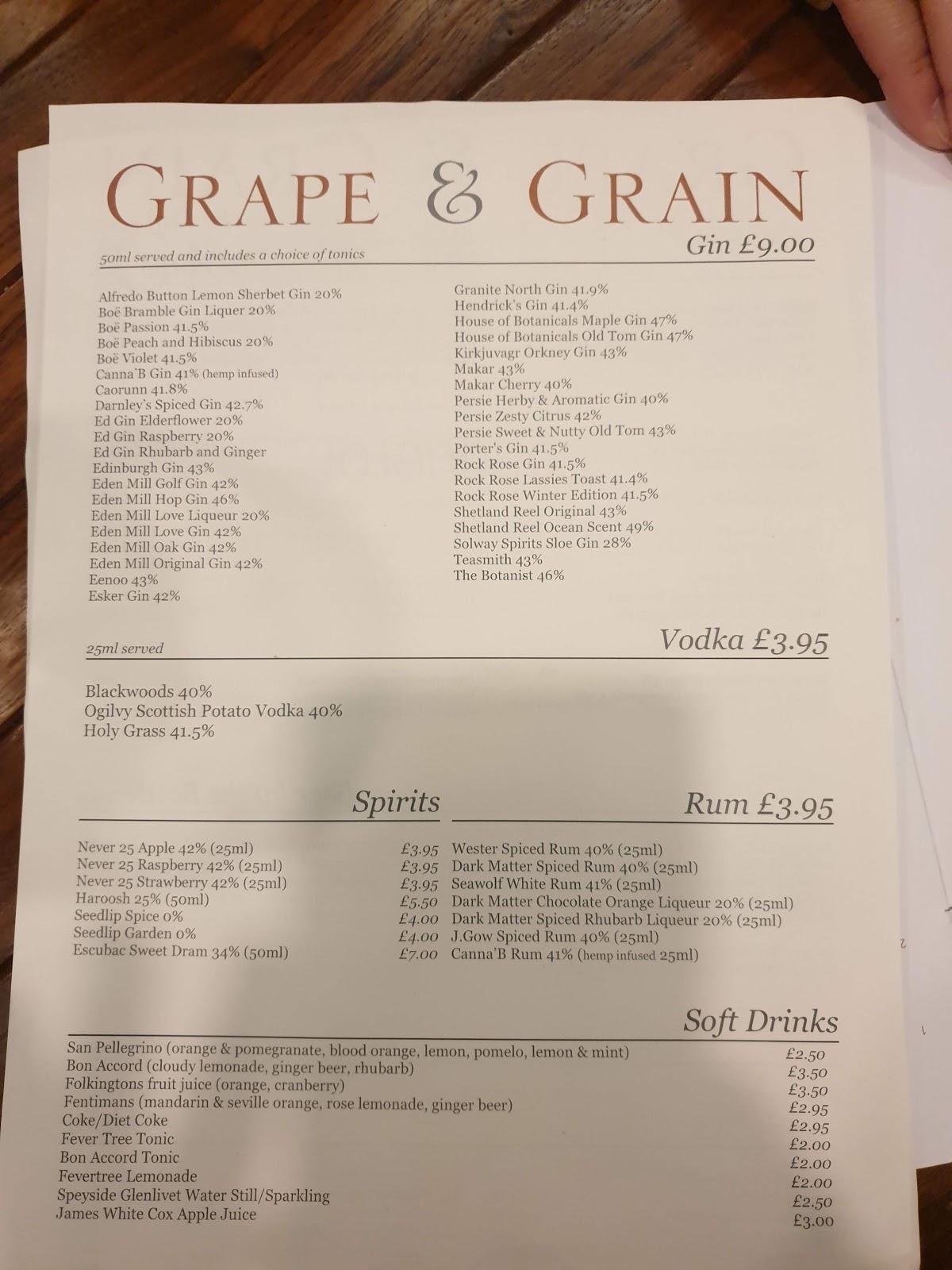 Menu at Grape & Grain pub & bar, Aberdeen