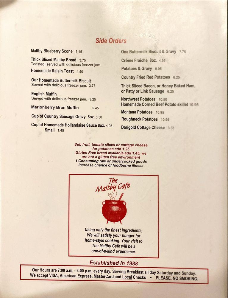 Menu at Maltby Cafe, Maltby