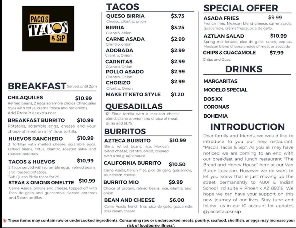 Menu at Paco's Tacos & Sip restaurant, Phoenix