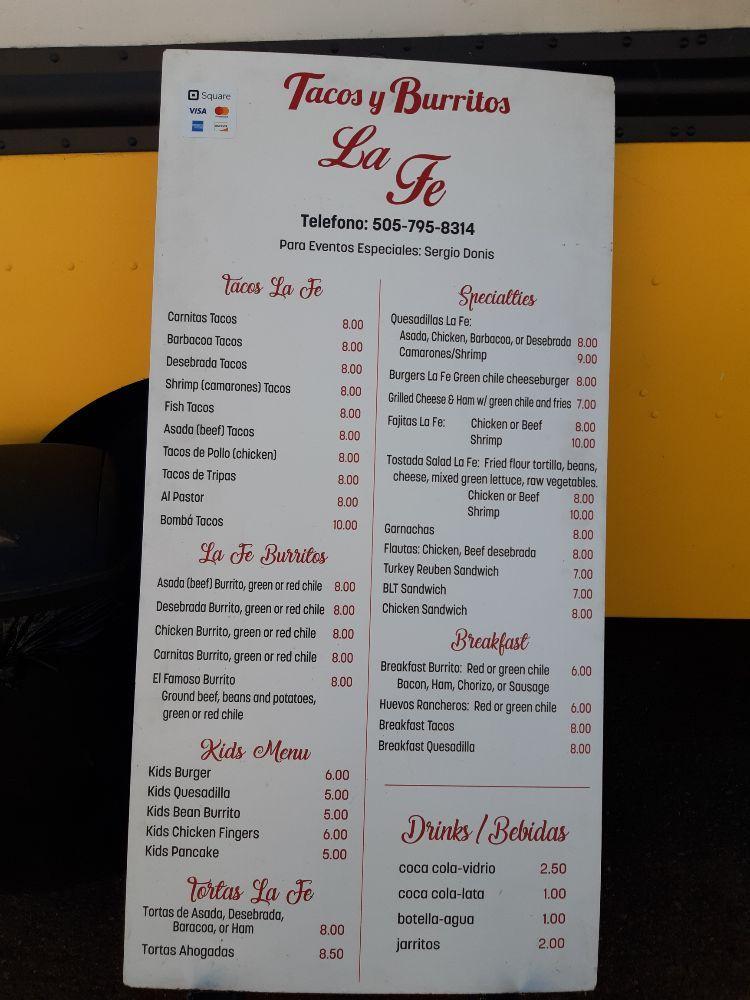 Menu at Tacos y burritos la fe food truck restaurant, Santa Fe
