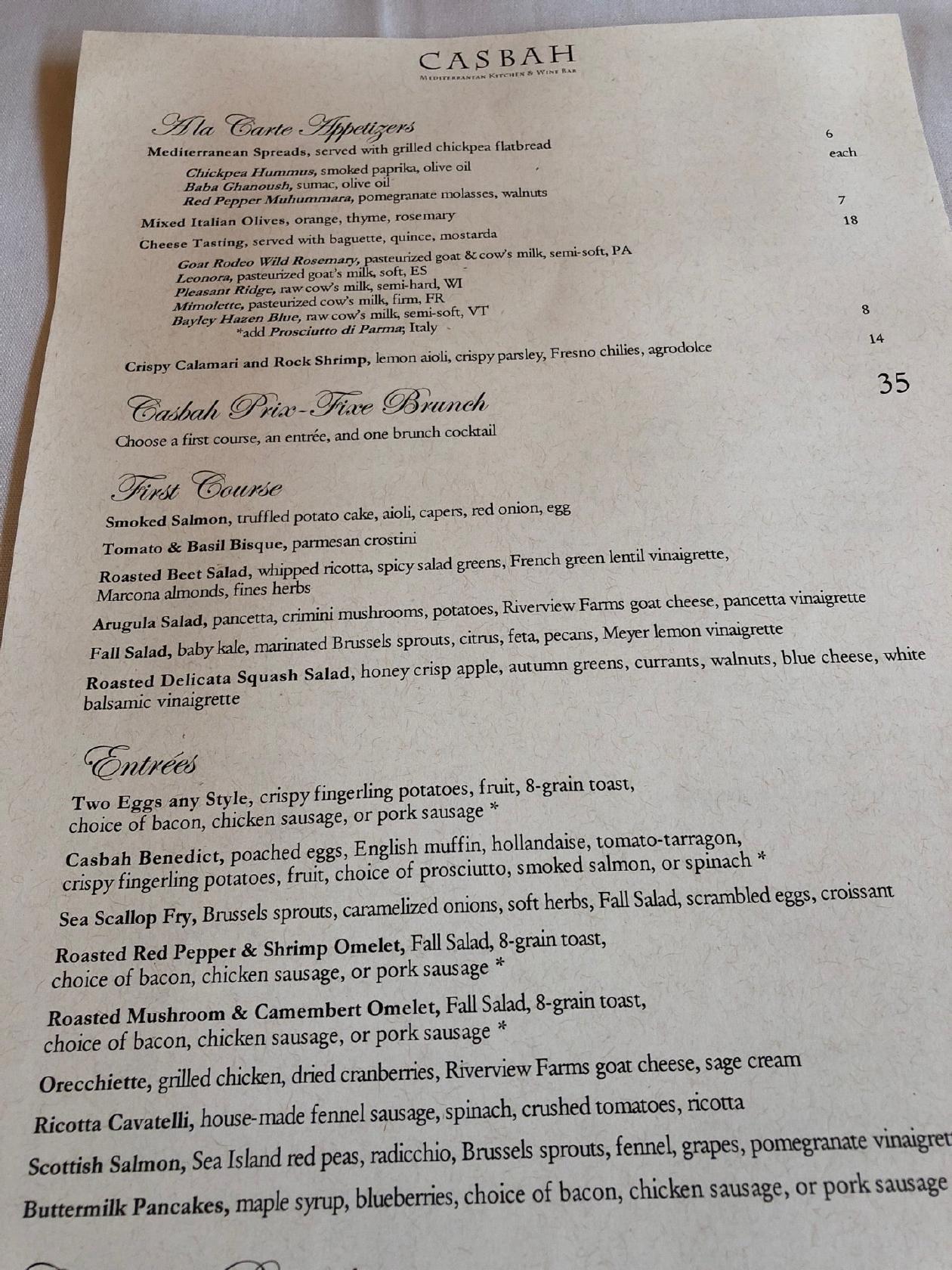 Menu at Casbah restaurant, Pittsburgh