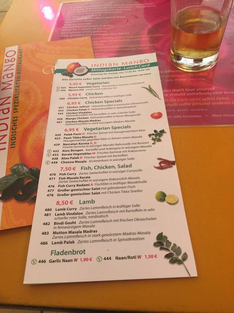 Menu at Indian Mango restaurant, Munich