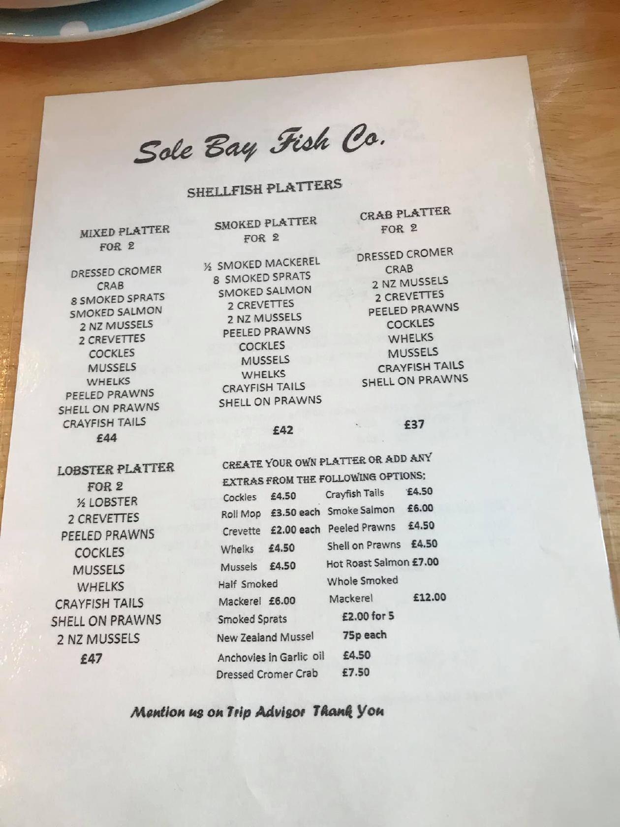 Menu at Sole Bay Fish Company restaurant, Southwold