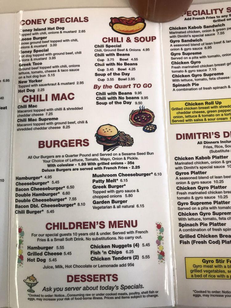 Menu at Dimitri's Coney Island restaurant, Milford Charter Township