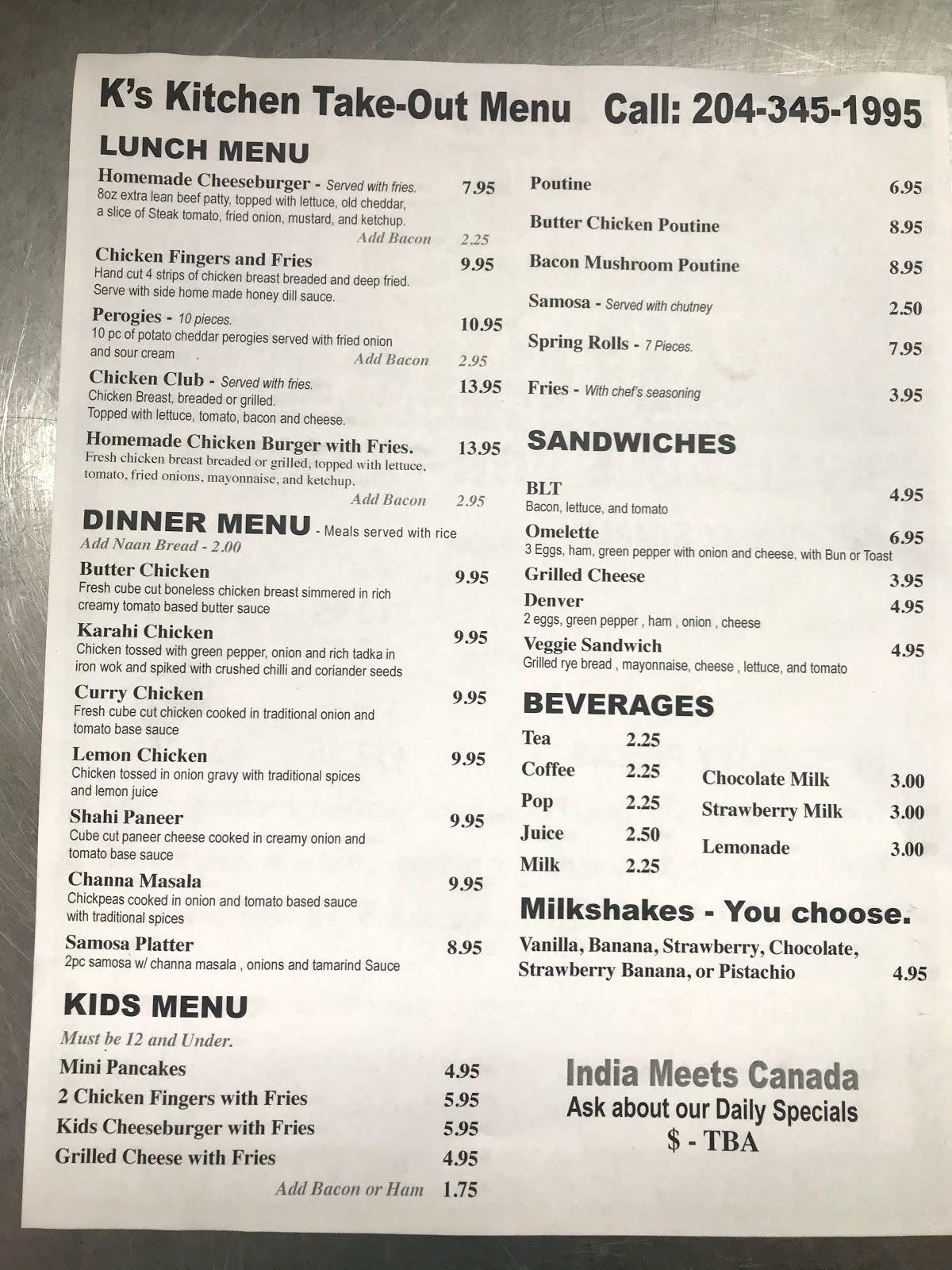 Menu at Lac Du (K's Kitchen) restaurant, Lac du