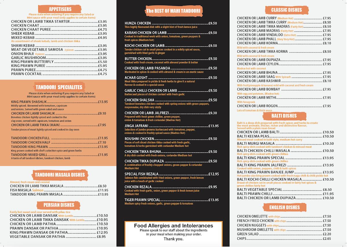 Menu at Mahi Tandoori fast food, Birchington-on-Sea