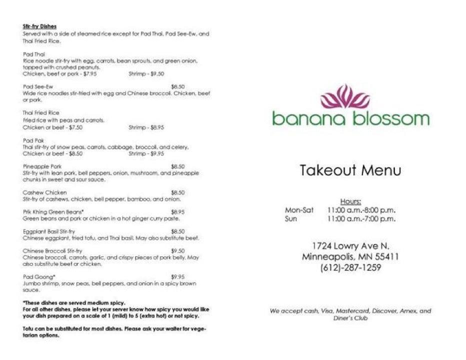 Menu at Banana Blossom restaurant, Minneapolis