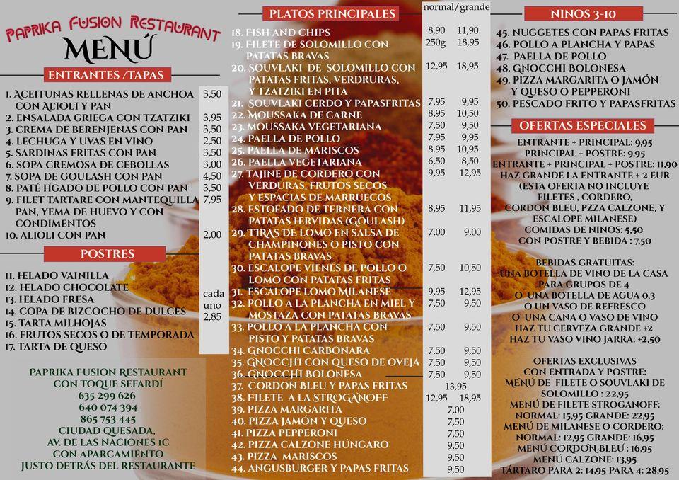 Menu at Paprika Fusion Restaurant, Rojales, Av. de las Naciones.1C