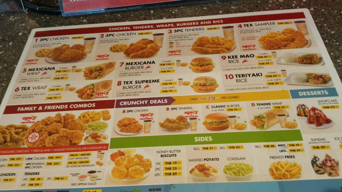 Menu at Texas Chicken restaurant, Bang Pakong