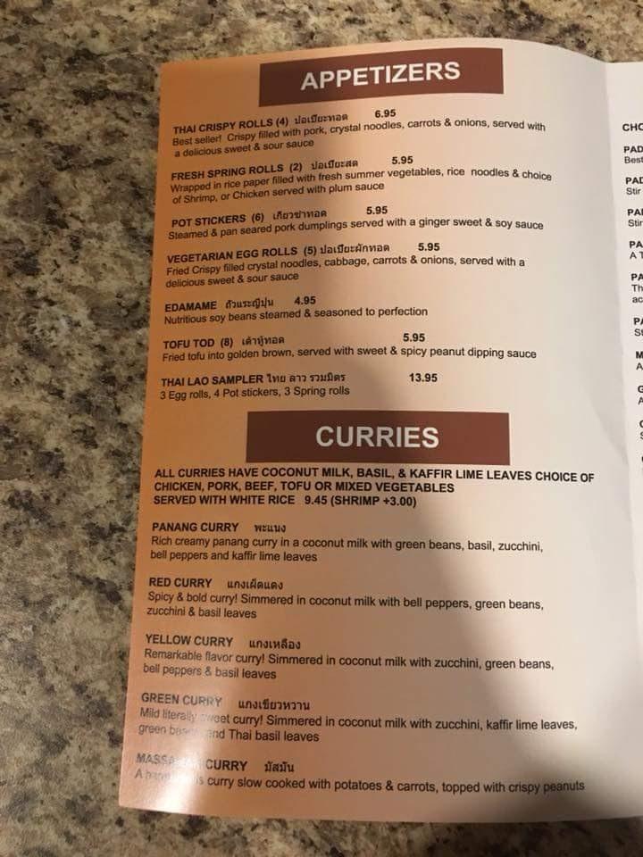 Menu at Villa Thai Cuisine restaurant, New Braunfels